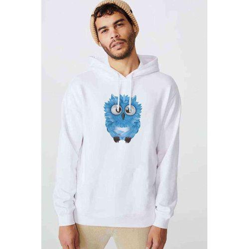 Mavi Baykuş Resim Baykuş Sevimli Mavi Baskılı Beyaz Erkek Kapşonlu Sweatshirt