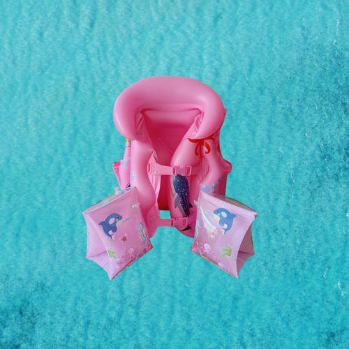 Hayvan Desenli Pembe Şişme Yelek ve Üçgen Şişme Çift Kolluk Takım 3-7 Yaş