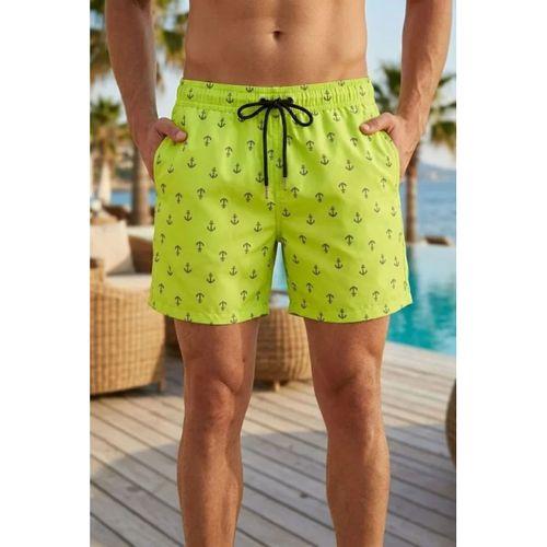 Erkek Deniz Şortu Fermuarlı Cepli File Astarlı Hızlı Kuruyan Premium - Neon Yeşili