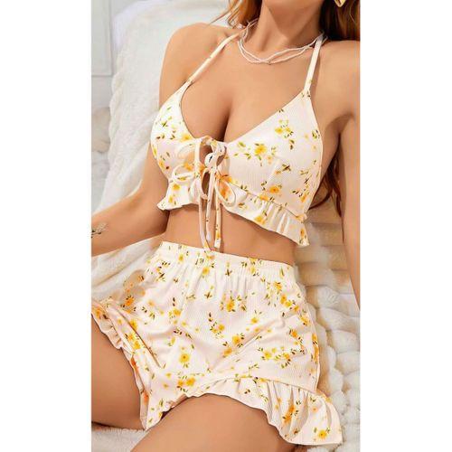 Kadın Ekru Çiçek Desenli Askılı Şortlu Pijama Takımı Rahat Şık 2’li Set