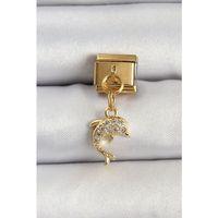 316L Çelik Sallantılı Zirkon Taşlı Yunus Balığı Model Gold Renk Nomination Charm