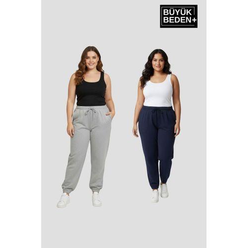 Kadın Büyük Beden İkili Jogger Paça Lastikli İnce Eşofman Altı Seti SPR26BEA951+2