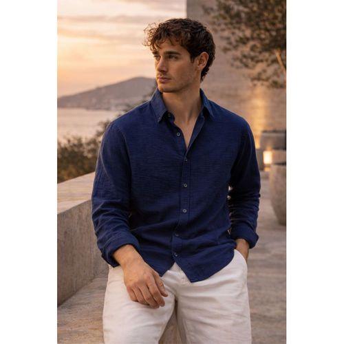 Pera Kumaş Keten Görünümlü Yarım Oversize Uzun kollu Erkek Gömlek - Lacivert