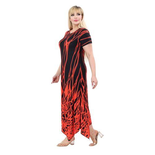 Melsay Butik Kısa Kollu Asimetrik Kesim Kırmızı Dalgalı Reflektör Desen Büyük Beden Elbise