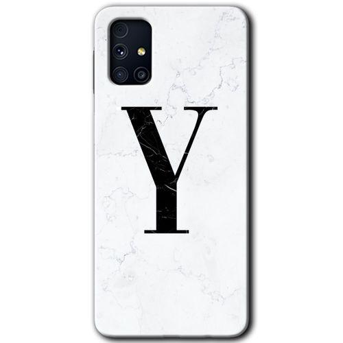 Samsung Galaxy M31s Kılıf HD Desen Baskılı Arka Kapak + Temperli Cam - Beyaz Mermer Desenli Y Harfi
