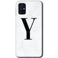 Samsung Galaxy M31s Kılıf HD Desen Baskılı Arka Kapak + Temperli Cam - Beyaz Mermer Desenli Y Harfi