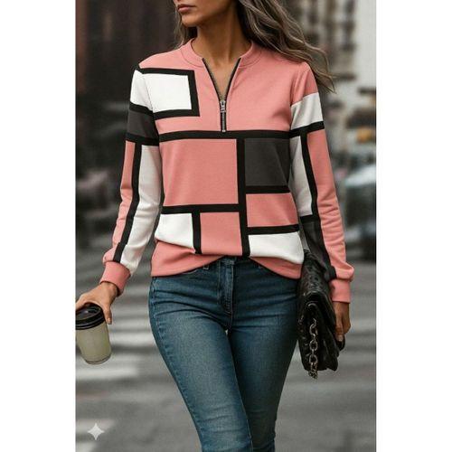 Kadın Uzun Kollu Yakadan Fermuarlı Desenli şardonlu Dalgıç Bluz