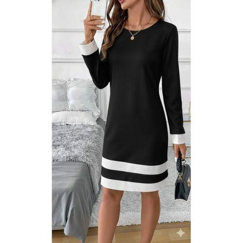 Kadın Uzun Kollu Yuvarlak Yaka Etek Ucu şerit Detaylı Mini Siyah Beyaz Dalgıç Elbise