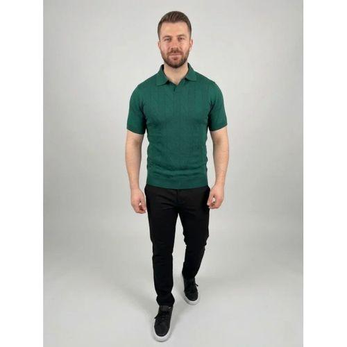 Erkek Yazlık Triko Dokuma Tişört Kısa Kol Polo Yaka T-Shirt - Koyu Yeşil