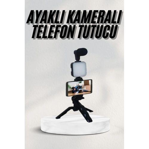 Telefon Tutucu Led Işıklı Kumandalı Mikrofon Telefon Vlog Video Kayıt