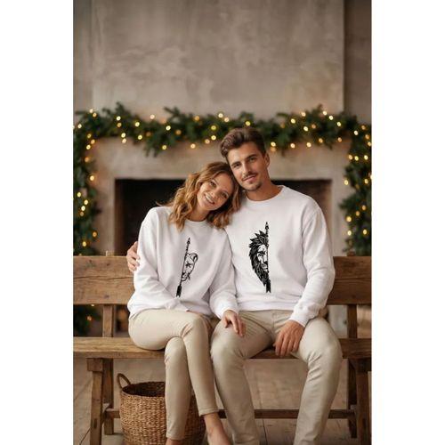 Sevgililer Günü Özel Bisiklet Yaka Aslan Baskılı Oversize Sweatshirt - Beyaz