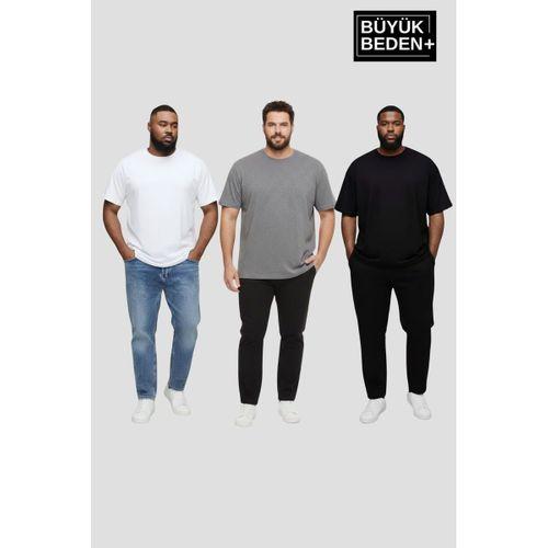 Büyük Beden Erkek Regular Kalıp Basic 3XL-6XL Bisiklet Yaka 3 lü Tişört Seti SPR26BTS510+3