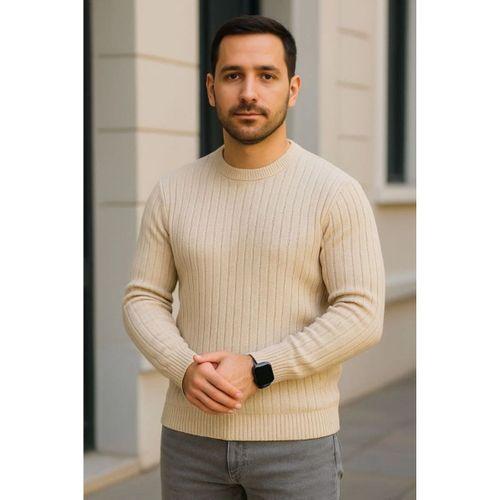 Erkek Bisiklet Yuvarlak Yaka Triko Kazak Pamuklu Kalın Fitilli Dokuma, Regular Fit Uzun Kollu Kışlık Model - Bej