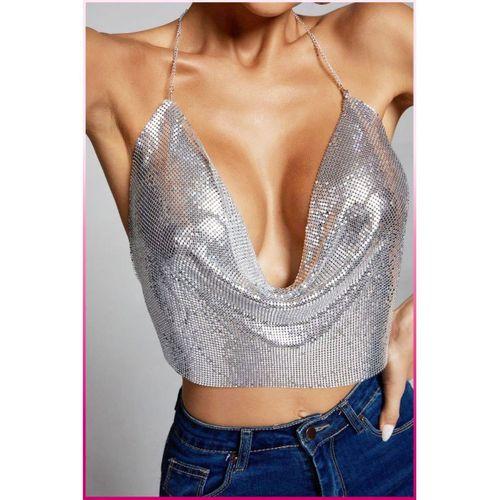Parlak Gümüş Zırh Bustiyer,Kadın Seksi Zarif Crop