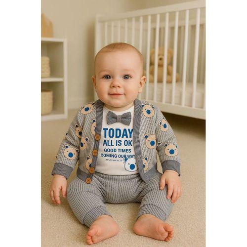 Papyonlu Bear Çizgili Model Ceketli 3'lü Erkek Bebek Takımı