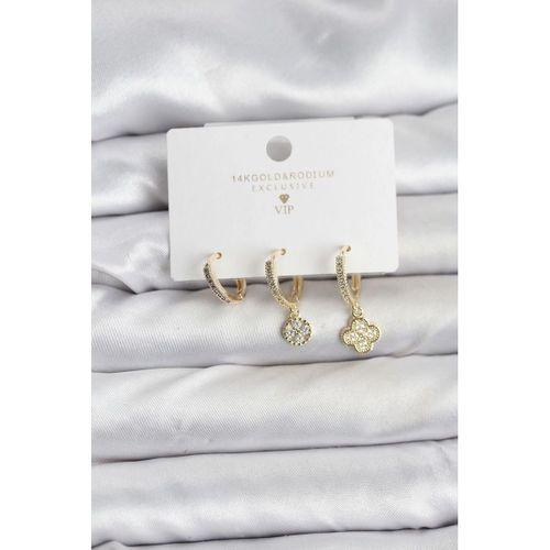 Pirinç Gold Renk Yonca Model 3'lü Kadın Küpe Seti