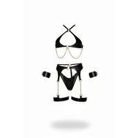 Siyah Harness Takım Zincir Detaylı Suni Deri Kelepçeli Set - Brf1219