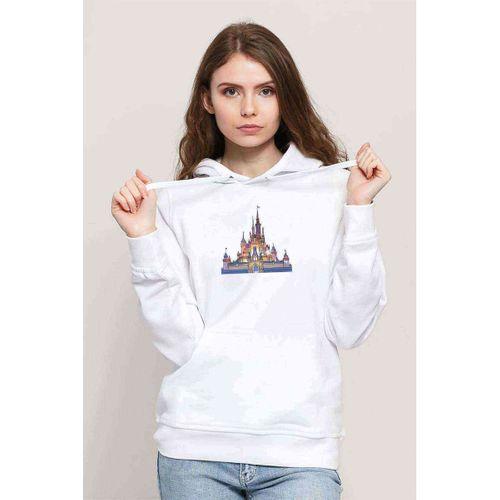 Watercolor Castle Baskılı Kadın Kapüşonlu Beyaz Sweatshirt