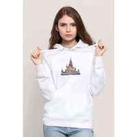 Watercolor Castle Baskılı Kadın Kapüşonlu Beyaz Sweatshirt