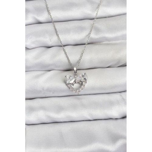 316L Çelik Zincir Gümüş Renk Kalp ve Fiyonk Model Zirkon Taşlı Kadın Kolye