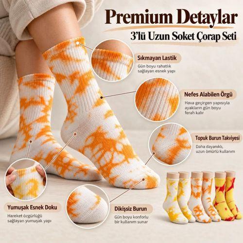 Unisex Batik Desenli Çorap 3'lü Set Pamuklu Renkli Uzun Soket Dikişsiz Nefes Alan Günlük Spor Çorabı