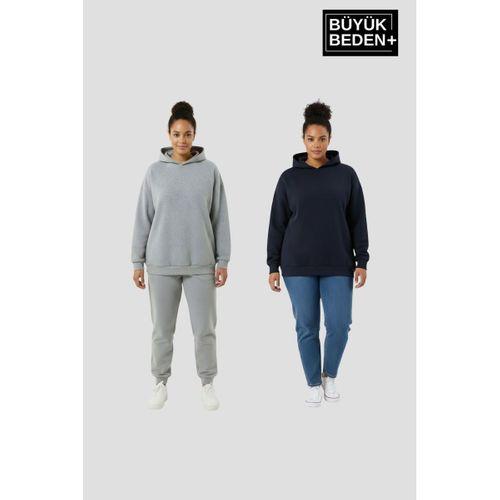 Kadın Büyük Beden 2  li Set Kapşonlu Kollar Ve Etek Ribanalı ince Swatshırt SPR26BSWK957+2