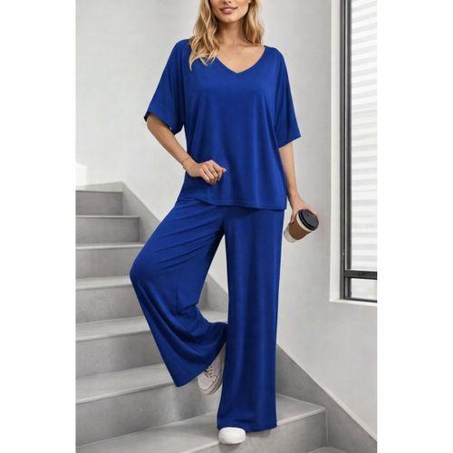 Kadın Kısa Kollu V Yakalı Viskon Bluz Ve Pantolon Ikili Takım