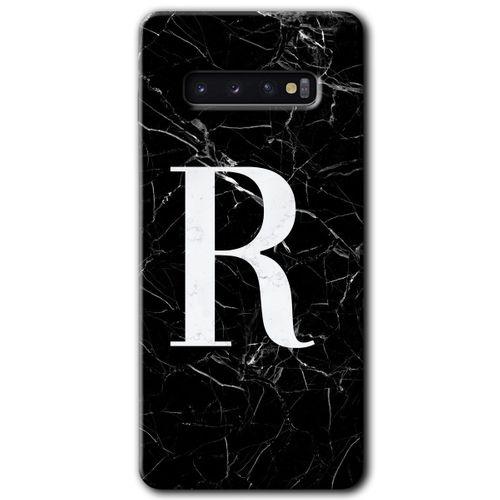 Samsung Galaxy S10 HD Baskılı Kılıf + 9D Tam Ekran Koruyucu - Siyah Mermer Desenli R Harfi