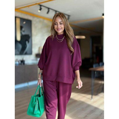 Kadın Uzun Kollu Bisiklet Yaka Viskon Iki Iplik Mor Bluz Ve Pantolon Ikili Takım