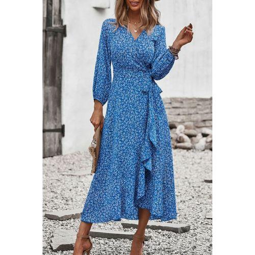 Kadın Uzun Kollu Kruvaze Yaka Yandan Bağlamalı önden Fırfır Detaylı Süprem Uzun Elbise