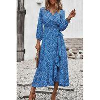 Kadın Uzun Kollu Kruvaze Yaka Yandan Bağlamalı önden Fırfır Detaylı Süprem Uzun Elbise