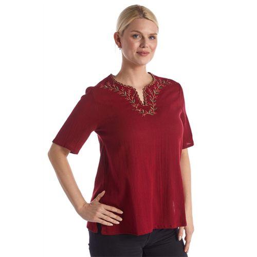 Şile Bezi Kısa Kol Bordo Nakışlı V Yaka Yazlık Otantik Bluz