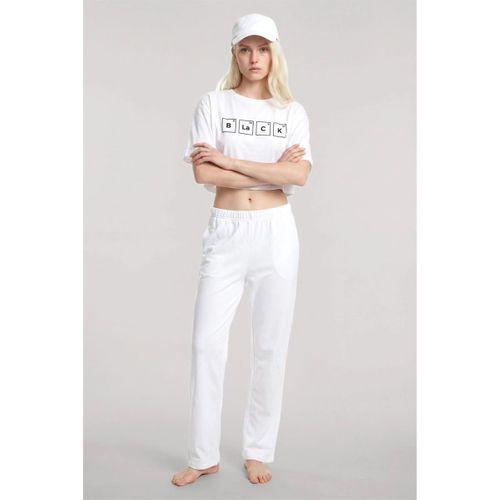 Kadın Beyaz Baskılı Crop T-shirt Pantolon Takım Rahat Günlük Spor Şık İkili Set