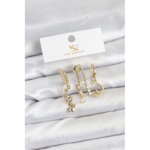 Pirinç Gold Renk Zirkon Taşlı Uzay Model YSX Trio Küpe Seti