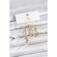 Pirinç Gold Renk Zirkon Taşlı Uzay Model YSX Trio Küpe Seti