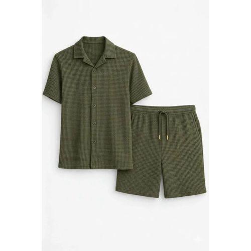 Erkek Waffle Kumaş Kısa Kollu Gömlek Şort Takım Regular Fit Yazlık İkili Set - Haki