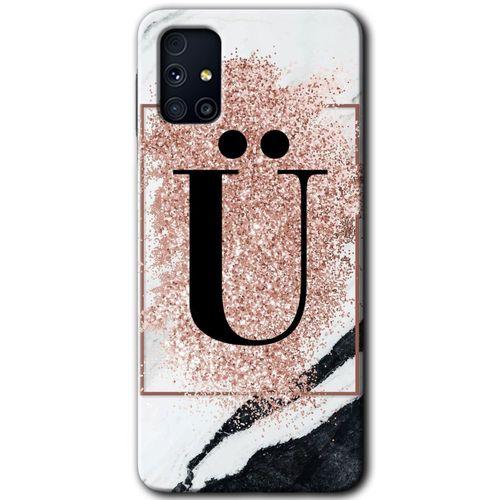 Samsung Galaxy M31s Kılıf Baskılı Kapak - Pembe Mermer Desenli Ü Harfi +Tam Kaplayan Mat Seramik