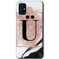 Samsung Galaxy M31s Kılıf Baskılı Kapak - Pembe Mermer Desenli Ü Harfi +Tam Kaplayan Mat Seramik