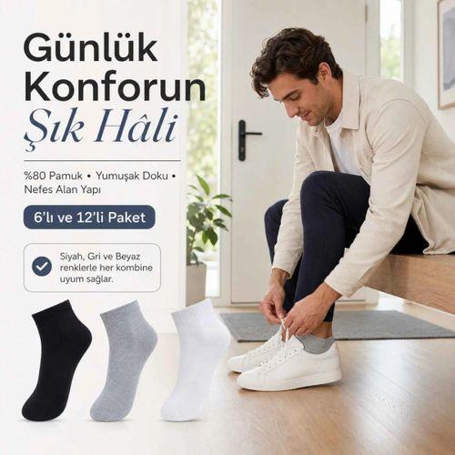 Erkek Kısa Konç Çorap 6'lı | %80 Pamuklu Dikişsiz Burun, Nefes Alan, Siyah Gri Beyaz