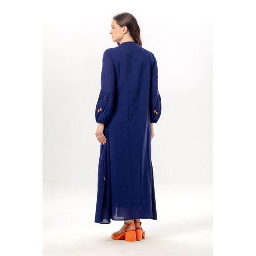 Uzun Kol Ala Nakışlı Püskül Bağcıklı Hakim Yaka Yazlık Şile Bezi Uzun Elbise Mor Mor