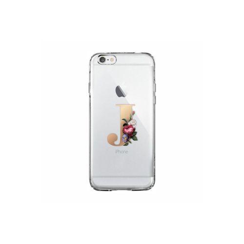 iPhone 6 / 6s Şeffaf Kılıf Gold Renkli Çiçekli J Harfli Desenli