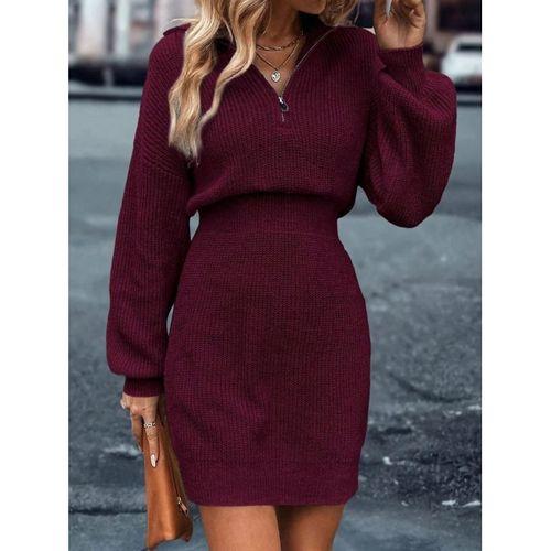 Kadın Uzun Kollu Yakası Fermuarlı Mini Triko Elbise