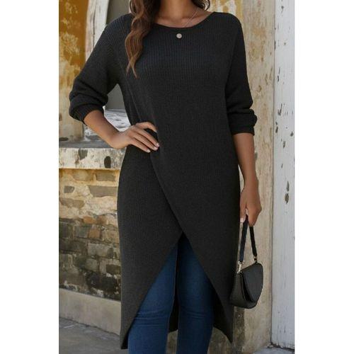 Kadın Uzun Kollu Bisiklet Yakalı önden çapraz Kesim Detaylı Midi Triko Elbise