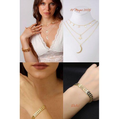 2'Lİ Set - Kutup Yıldızı Ve Hilal Figürlü Kombin Kolye, Balık Kılçığı Yassı Bileklik SNJ-SET1003