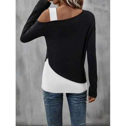 Kadın Tek Omuzu Açık Askılı çift Renkli Uzun Kollu Viskon Bluz