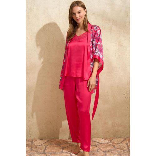 Saten Çiçek Baskılı Sabahlık Dantelli Atlet Ve Pantolon Pijama 3'lü Takım
