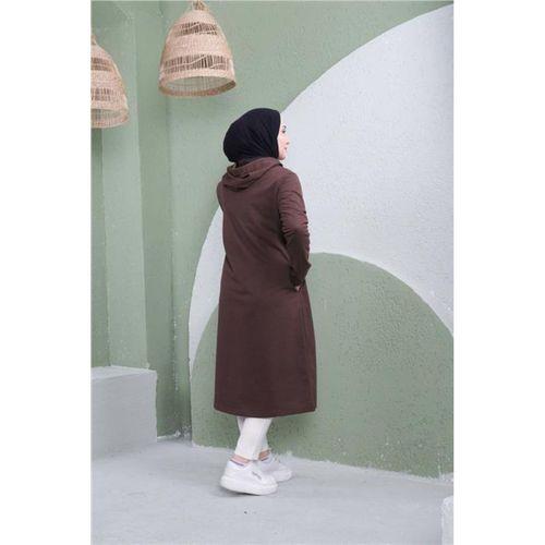 Yazı Baskılı Fermuarlı Kapşonlu Uzun Sweat - 03081.028 - Kahverengi