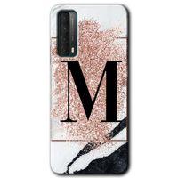 MRCİLETİSİM Huawei P Smart 2021 Kılıf HD Desen Baskılı Arka Kapak + Temperli Cam - Pembe Mermer Desenli M Harfi