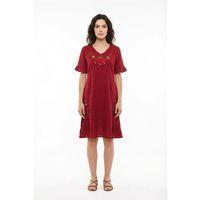 Kısa Kol İrem Nakış Detaylı Midi Boy Yazlık Şile Bezi Elbise Bordo Brd