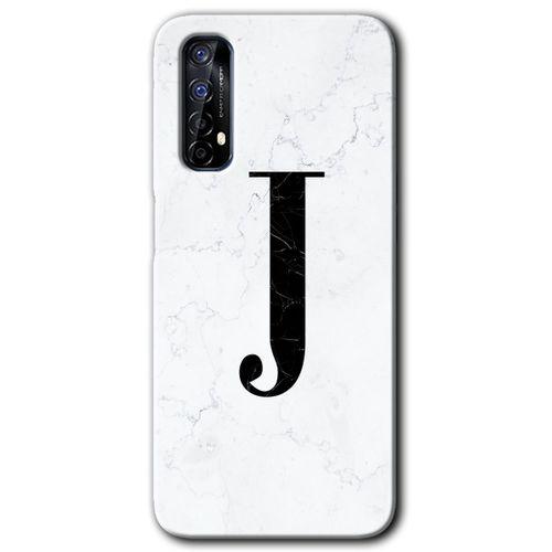Realme 7 Kılıf Baskılı Kapak - Beyaz Mermer Desenli J Harfi + 5D Tam Kaplayan Cam